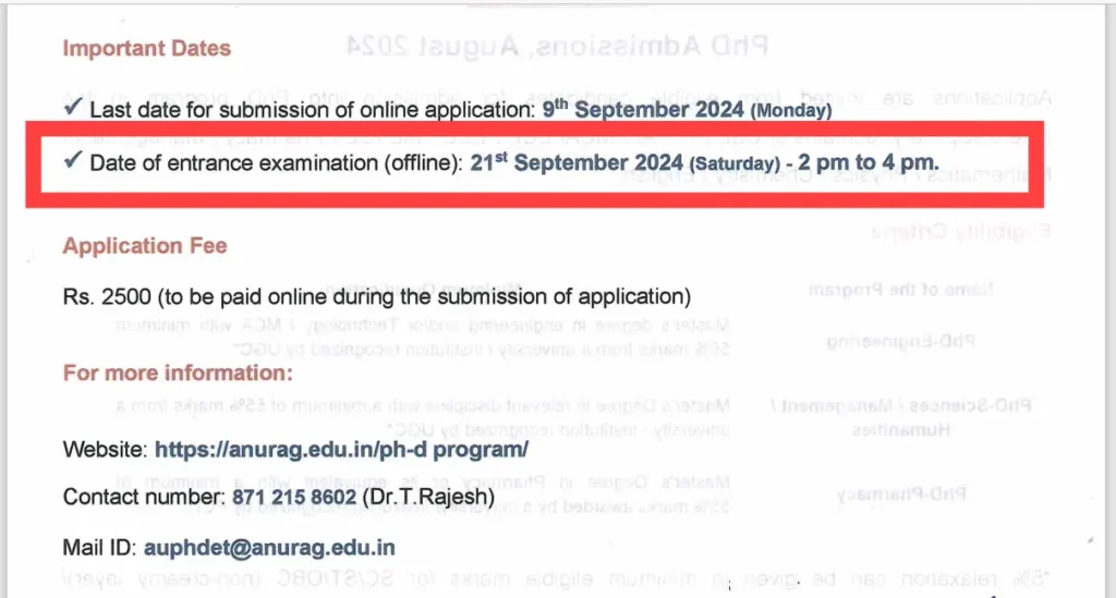 Anurag University PhD Entrance Exam Scheduled for September 21, 2024