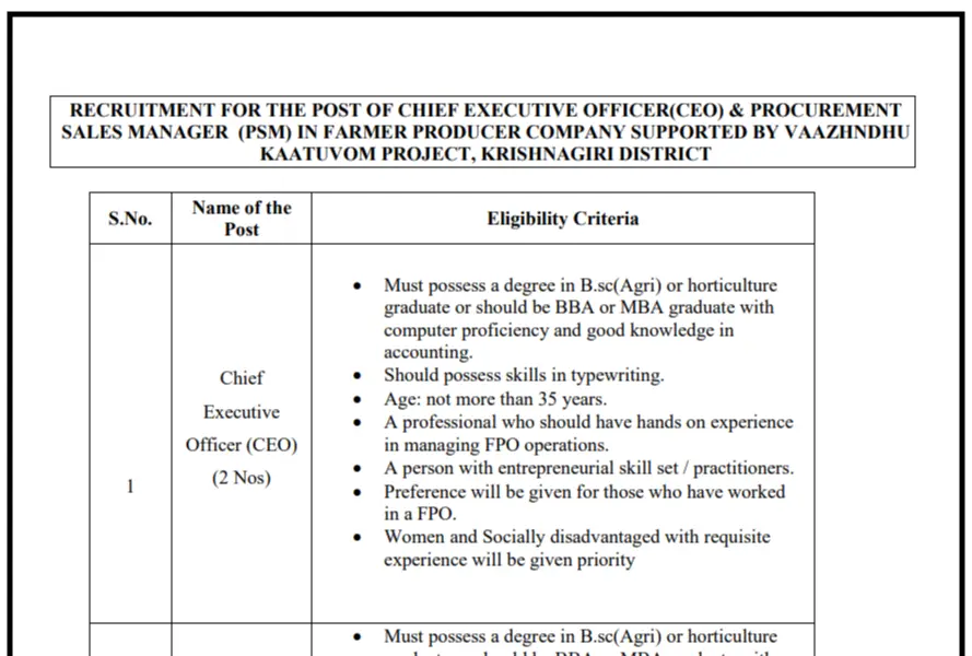 Krishnagiri District Recruitment 2024 CEO & PSM Positions