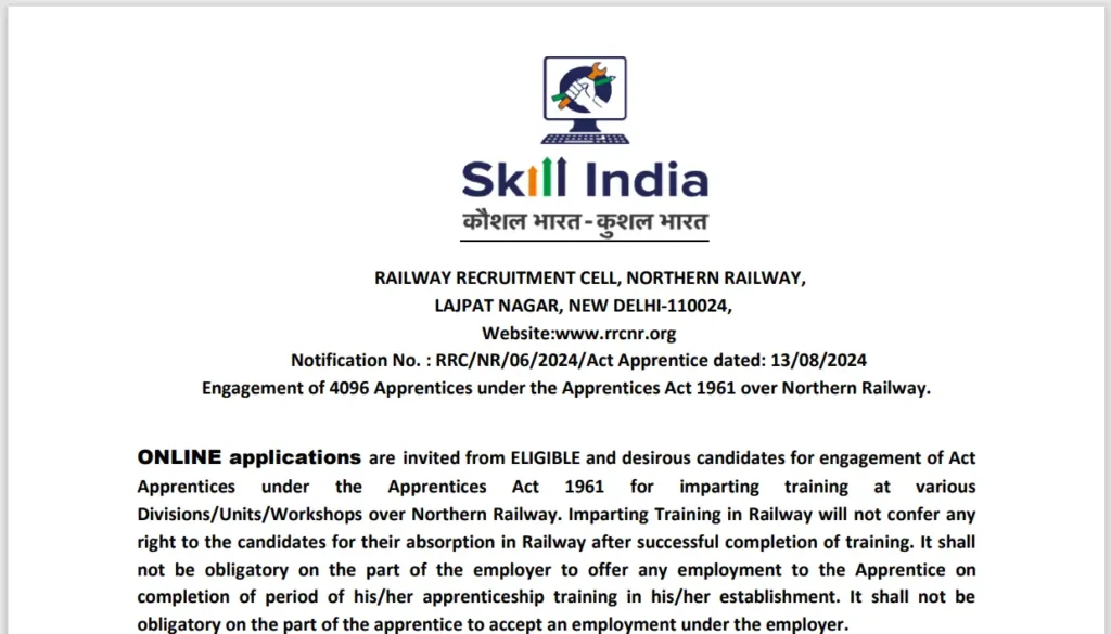 RRC NR Apprentice Recruitment 2024 Notification Pad