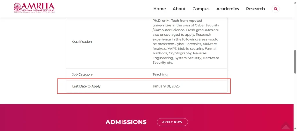 Apply for the Assistant Professor role at Amrita Coimbatore by Jan 1, 2025