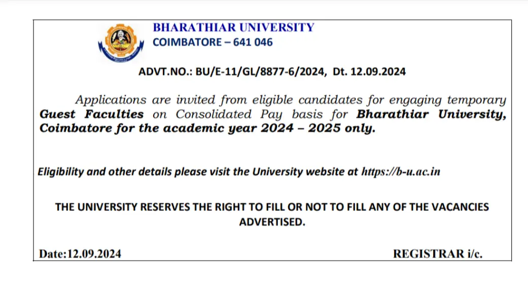 Bharathiar University Announces 86 Temporary Guest Faculty Positions for 2024-2025