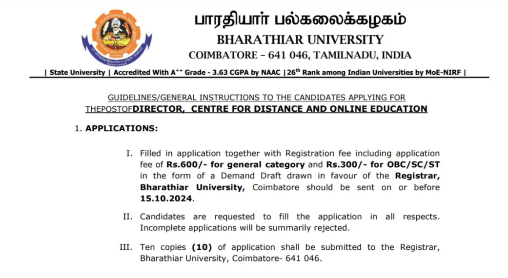 Bharathiar University Invites Applications for Director of Centre for Distance and Online Education