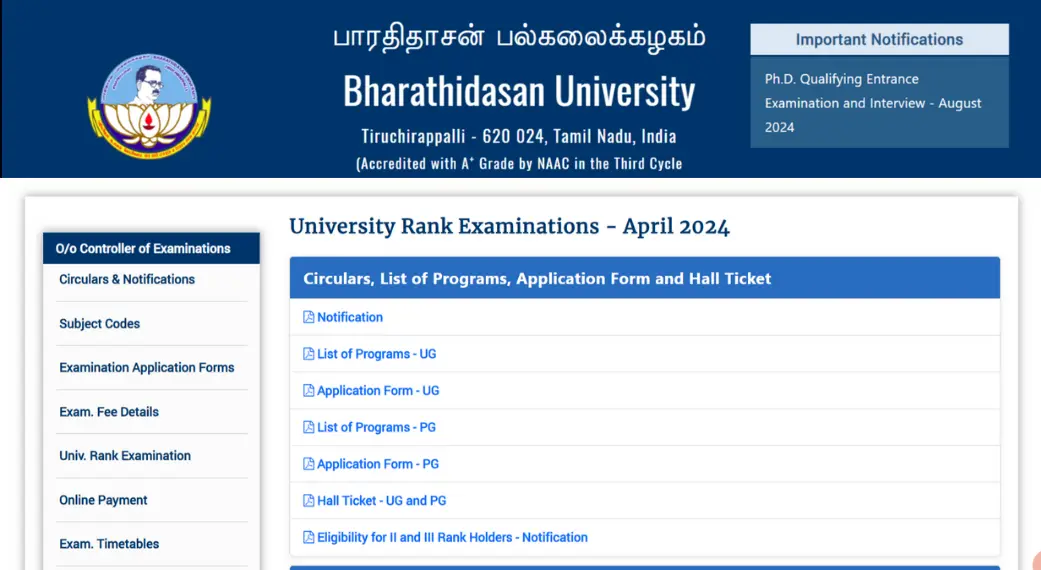 Bharathidasan University UG and PG Rank Examinations April 2024