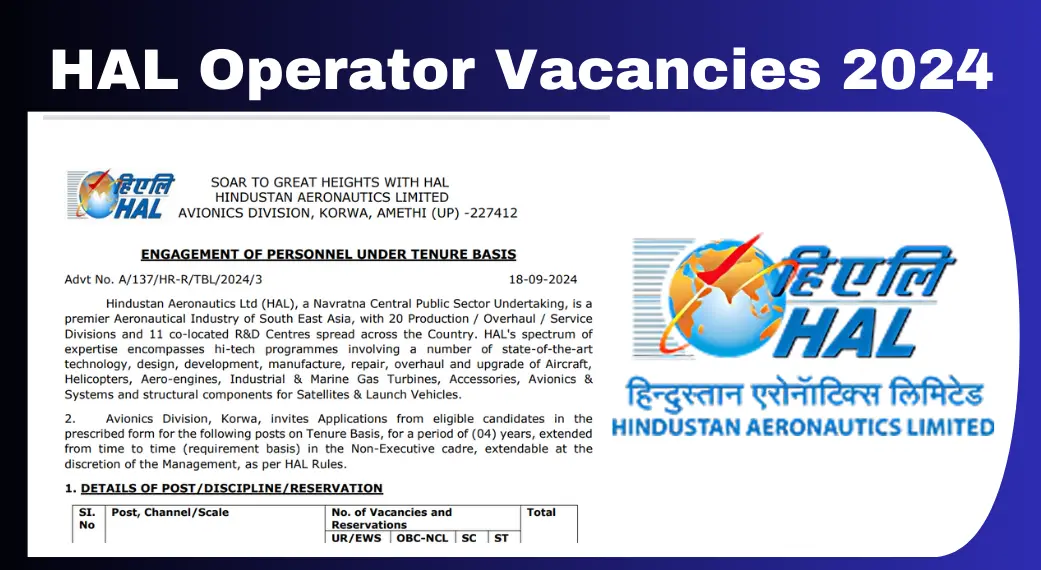 HAL Operator Vacancies 2024 Out Apply for Tenure-Based Positions in Electronics, Electrical, Mechanical & More by October 5