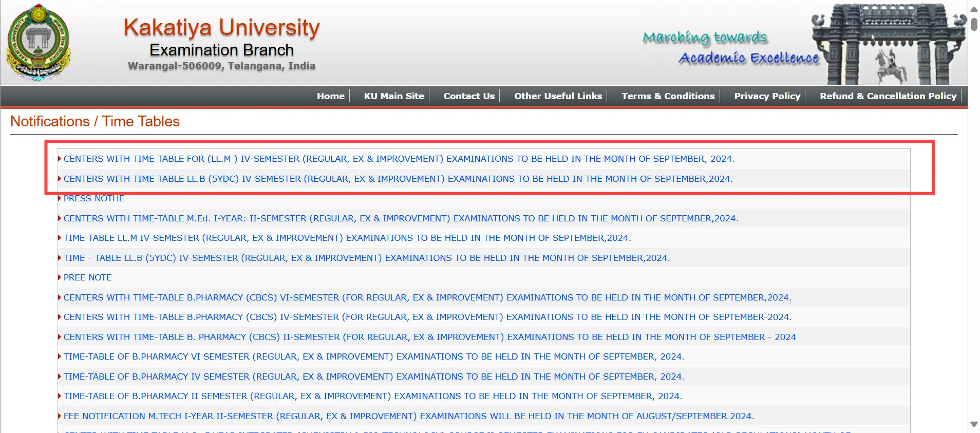 Kakatiya University Announces September 2024 Examination Schedule for LLB and LL.M. Programs