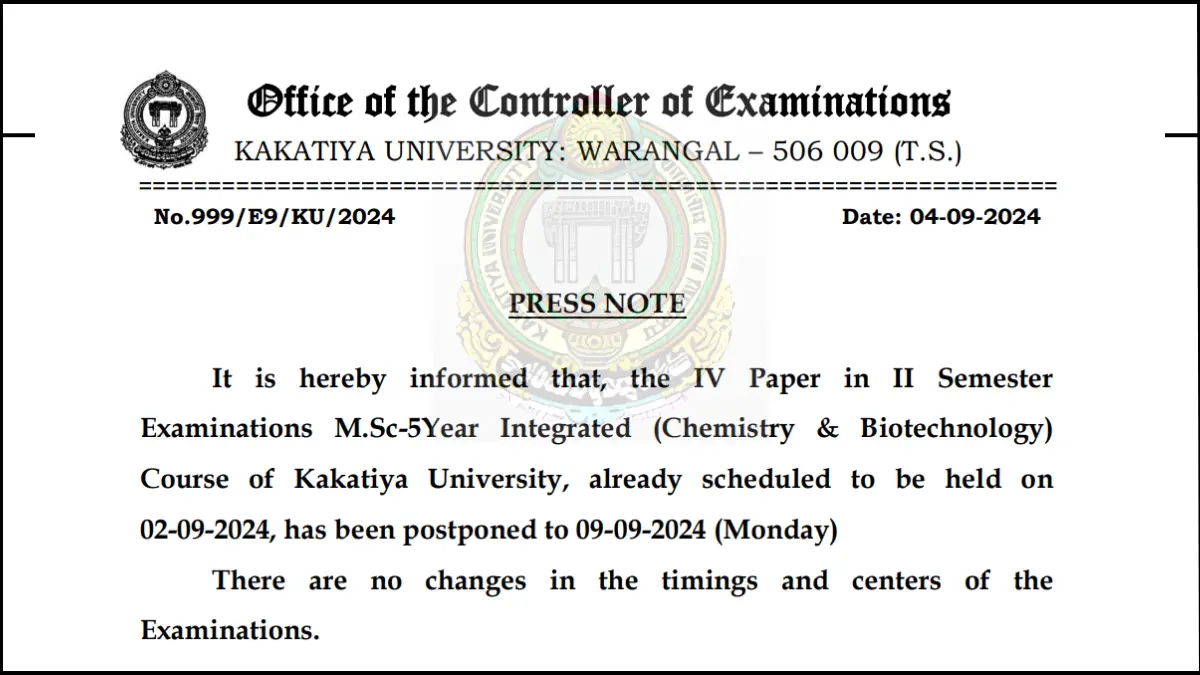 Kakatiya University M.Sc. 5-Year Integrated II Semester Exam Rescheduled