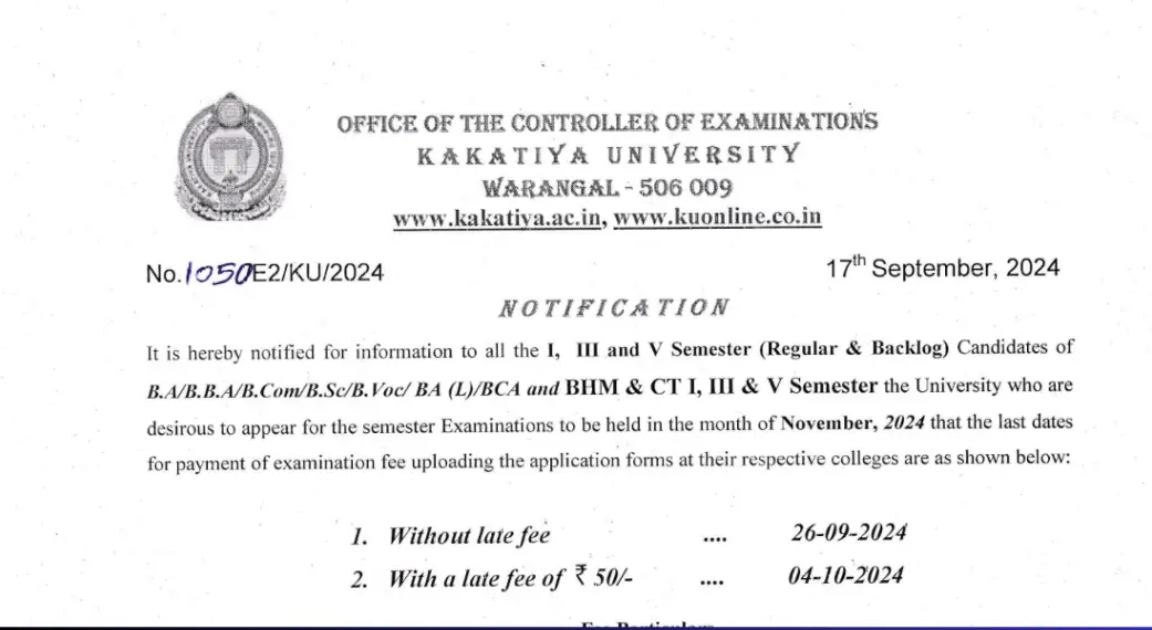 Kakatiya University UG I, III, and V Semester Examination Notification 2024