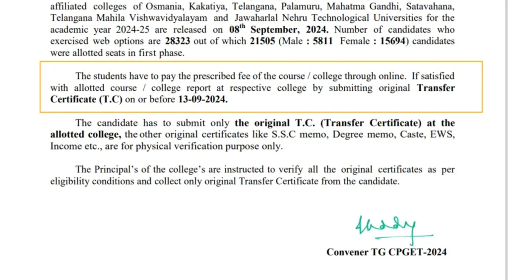 Last Chance for Telangana CPGET 2024 Seat Confirmation