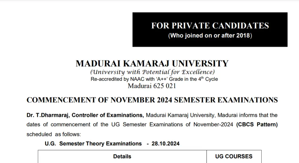 Madurai Kamaraj University UG Private Application November 2024