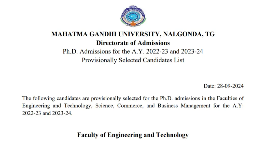 Mahatma Gandhi University Announces Ph.D. Admissions Provisional List for 2022-23 and 2023-24 Released