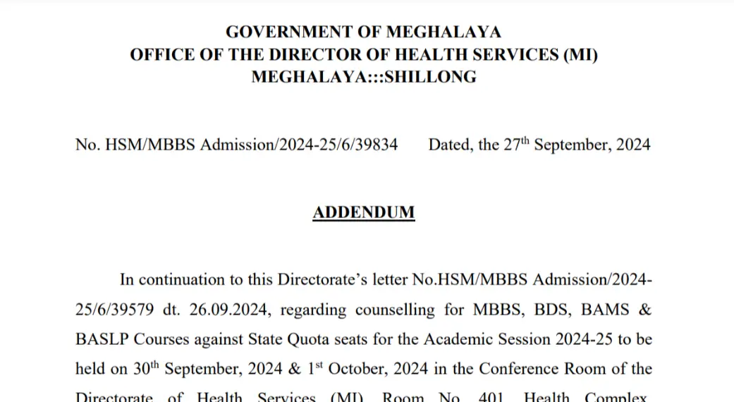 Meghalaya MBBS, BDS, BHMS, BAMS, BUMS, BASLP State Quota Counselling 2024-25 Revised Group-III and Group-IV Lists, Dates, and Instructions