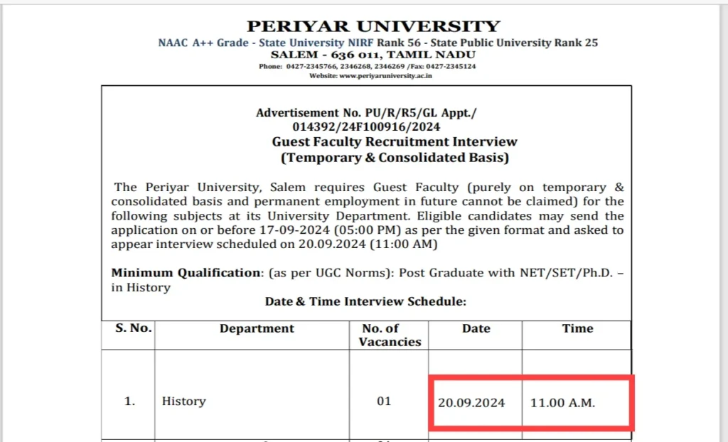 Periyar University Guest Faculty Interview Takes Place Today