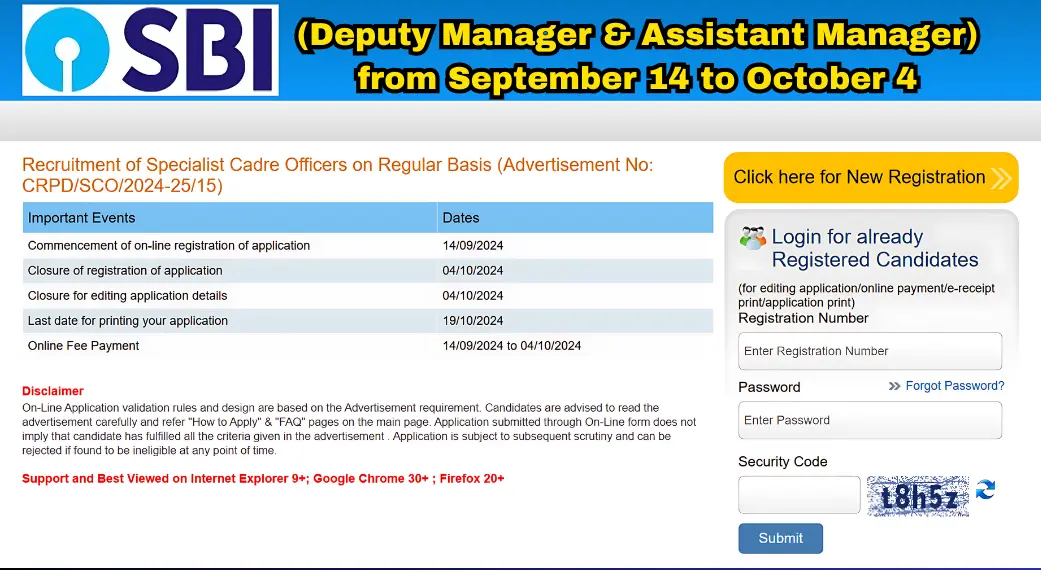 State Bank of India Recruitment 2024 Apply Online for Specialist Cadre Officers (Deputy Manager & Assistant Manager) from September 14 to October 4