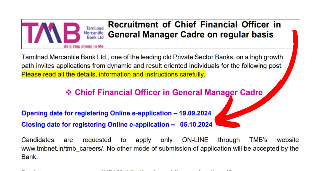 TMB CFO Recruitment 2024 Last Day to Apply! Final Deadline on 5th October 2024