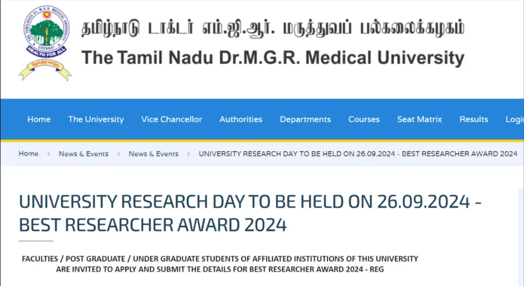 TNMRMU University Research Day to Be Held on 26.09.2024 - Best Researcher Award 2024