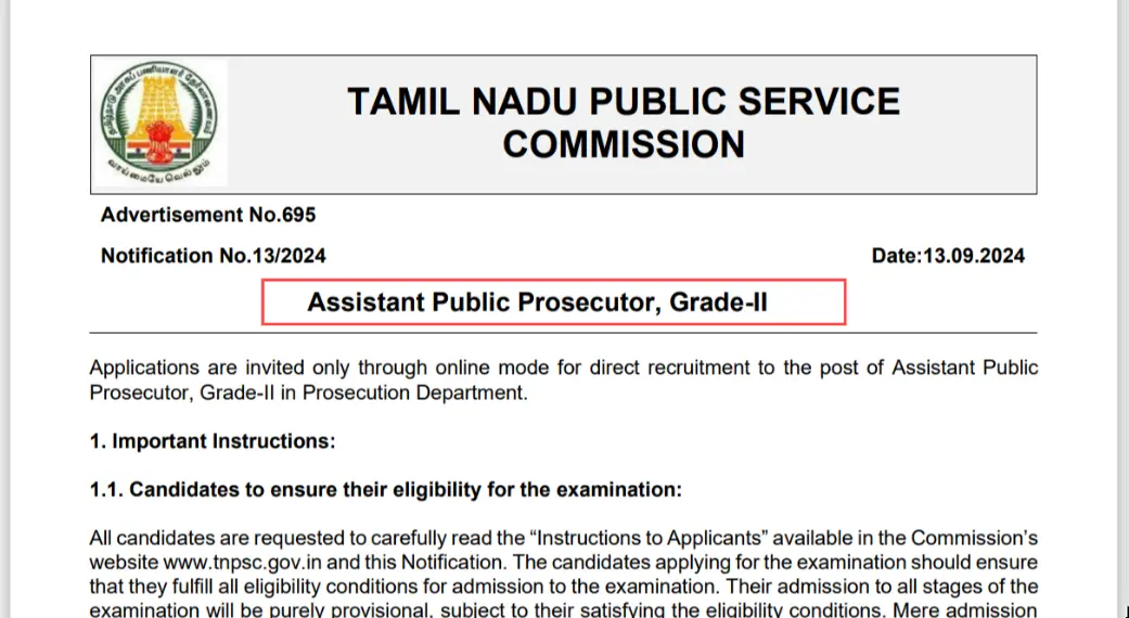 TNPSC Assistant Public Prosecutor Recruitment 2024 at tnpsc.gov.in and tnpscexams.in