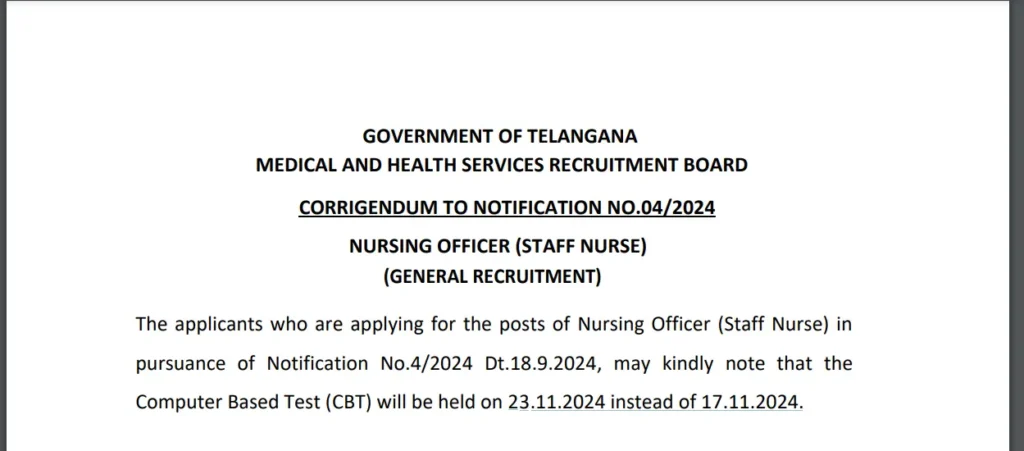 Telangana Nursing Officer (Staff Nurse) Hall Ticket 2024 Download for 2050 Vacancies, Release Date, and Exam Details