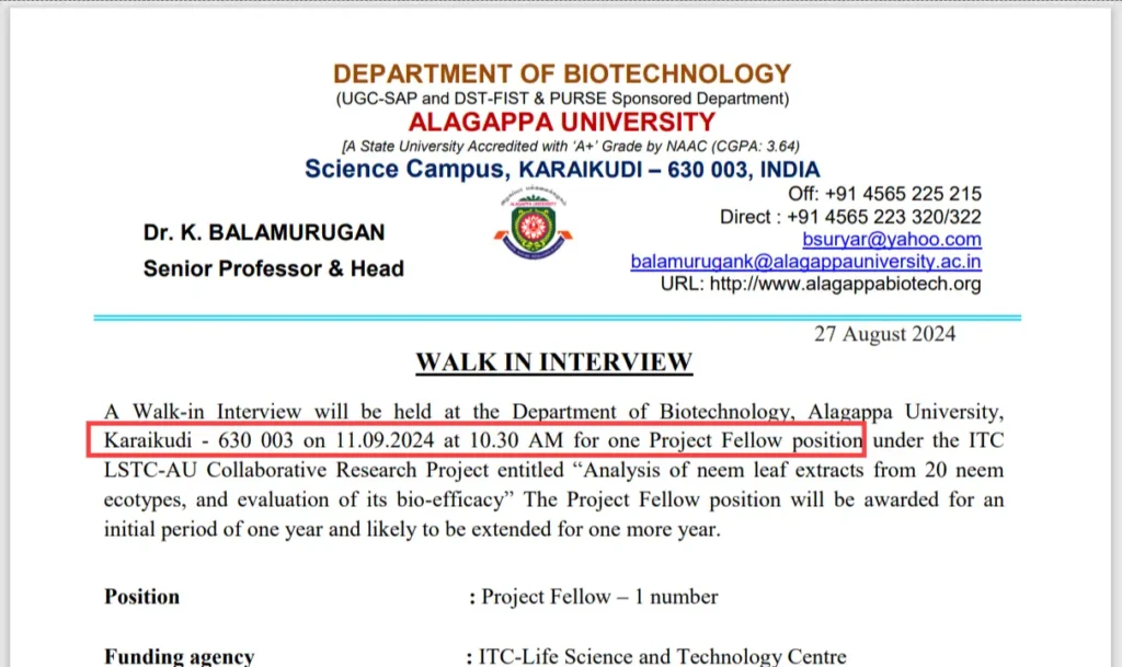 Walk-in Interview for Project Fellow at Alagappa University Tomorrow