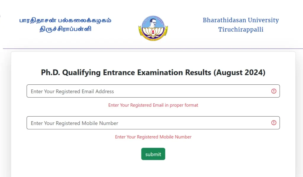 Bharathidasan University Ph.D. Qualifying Entrance Examination Results (August 2024)