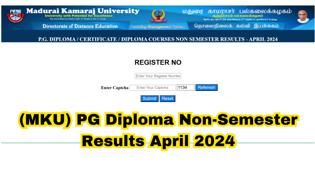 Madurai Kamaraj University (MKU) PG Diploma Non-Semester Results April 2024