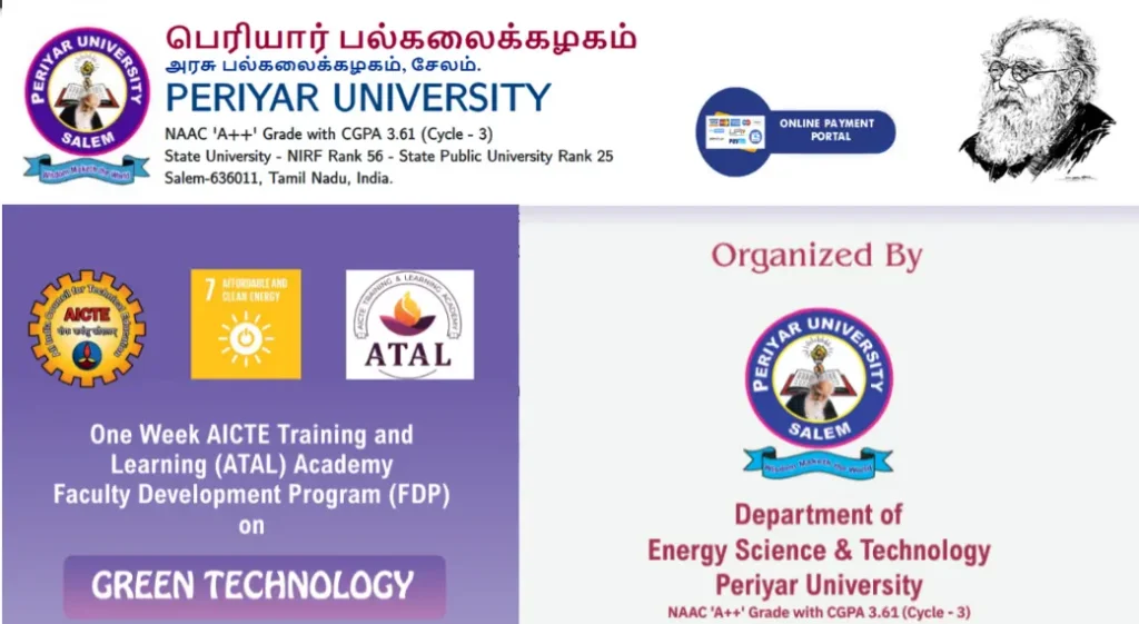 Periyar University 2024 AICTE ATAL Faculty Development Program on Green Technology Registration, Dates, and Details (November 4th-9th, 2024)