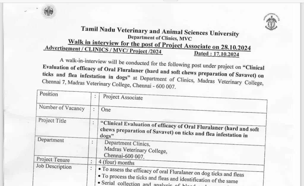 TANUVAS Walk-in Interview for Project Associate Position October 2024