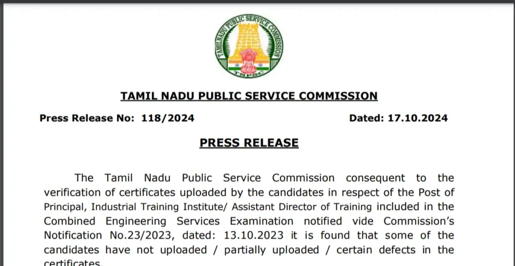 TNPSC Press Release Final Upload of Certificates for Principal and Assistant Director (Training) Posts