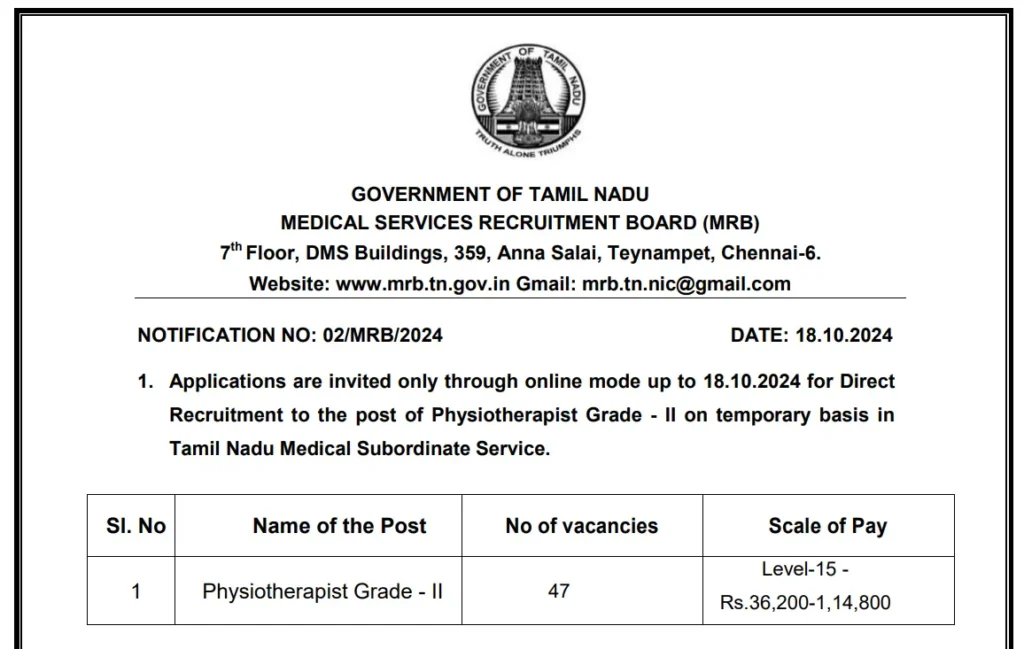 Tamil Nadu MRB Recruitment October 2024 Physiotherapist Grade-II Notification and Details