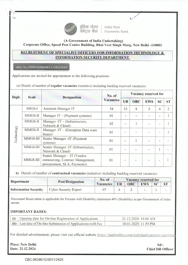 IPPB Specialist Officer Recruitment December 2024