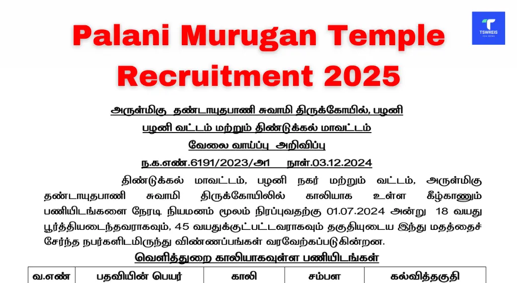 Palani Murugan Temple Recruitment 2025