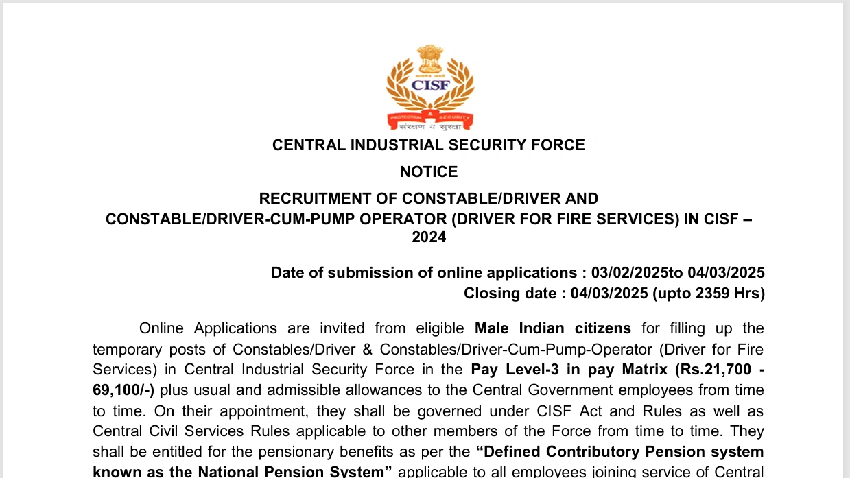 CISF ConstableDriver Recruitment February 2025 Apply Online for 1,124 Vacancies 🚓