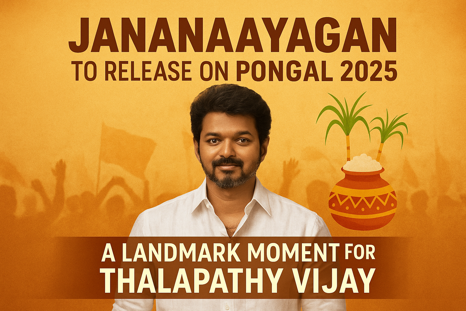 "Promotional image for Thalapathy Vijay’s final film Jananaayagan, releasing on Pongal 2025. Vijay stands in a white shirt with a confident expression, set against an orange festive background featuring a traditional Pongal pot, sugarcane, and a cheering crowd silhouette. Bold text highlights the film's title and release as a landmark political moment."